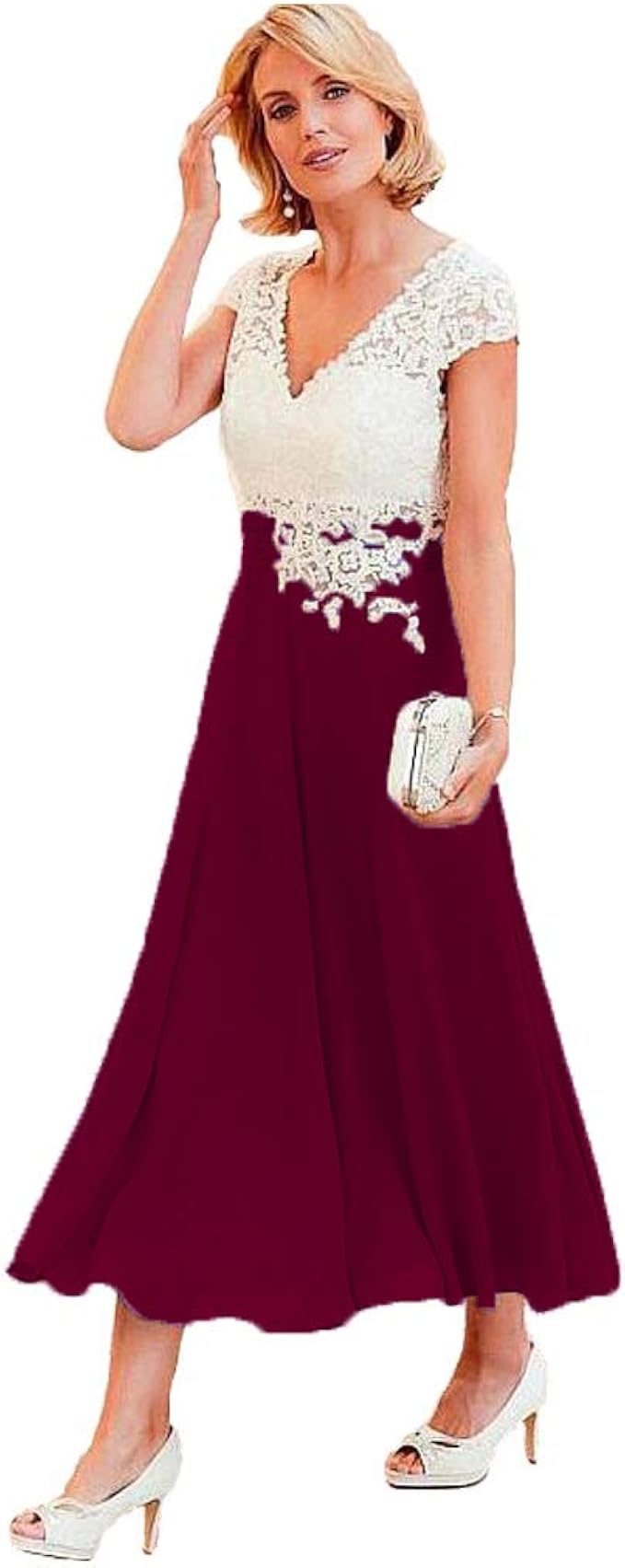 YMSHA Women's V Neck Mother of The Bride Dresses Tea Length Aline Ivory