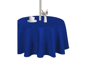 LUSHVIDA Round Outdoor Tablecloth with Umbrella Hole and Zipper, 60 Inch Blue, Washable Waterproof Table Cloth Spill Proof Wrinkle Free Table Cover for Patio Spring Summer Picnic BBQS