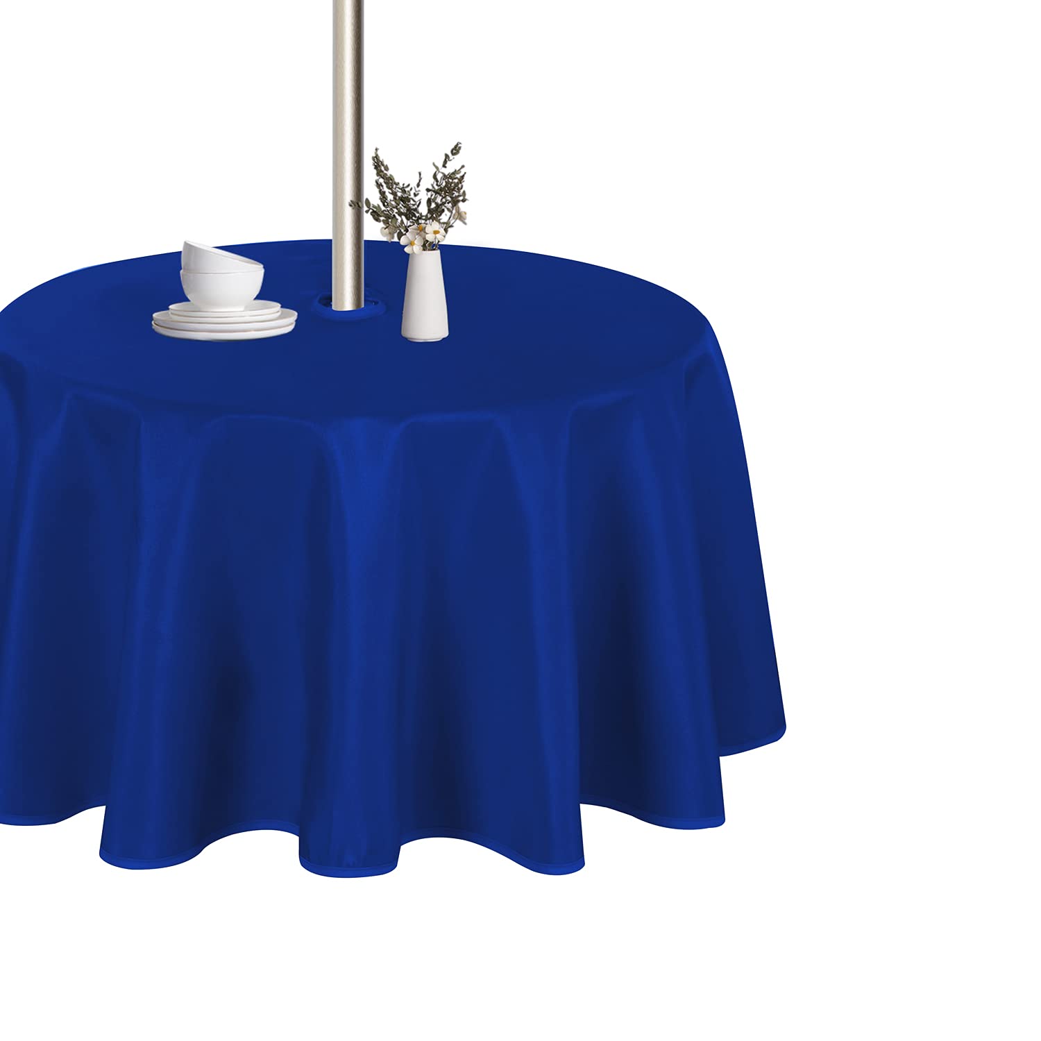 Photo 1 of LUSHVIDA Round Outdoor Tablecloth with Umbrella Hole and Zipper, 60 Inch Blue, Washable Waterproof Table Cloth Spill Proof Wrinkle Free Table Cover for Patio Spring Summer Picnic BBQS