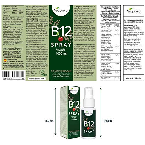 NEW: Vitamin B12 Spray 25ml | 125 Sprays, 4 Month Supply | 250 mcg per Spray, B12 Methylcobalamin | Cherry Flavour | VEGAN by Vegavero