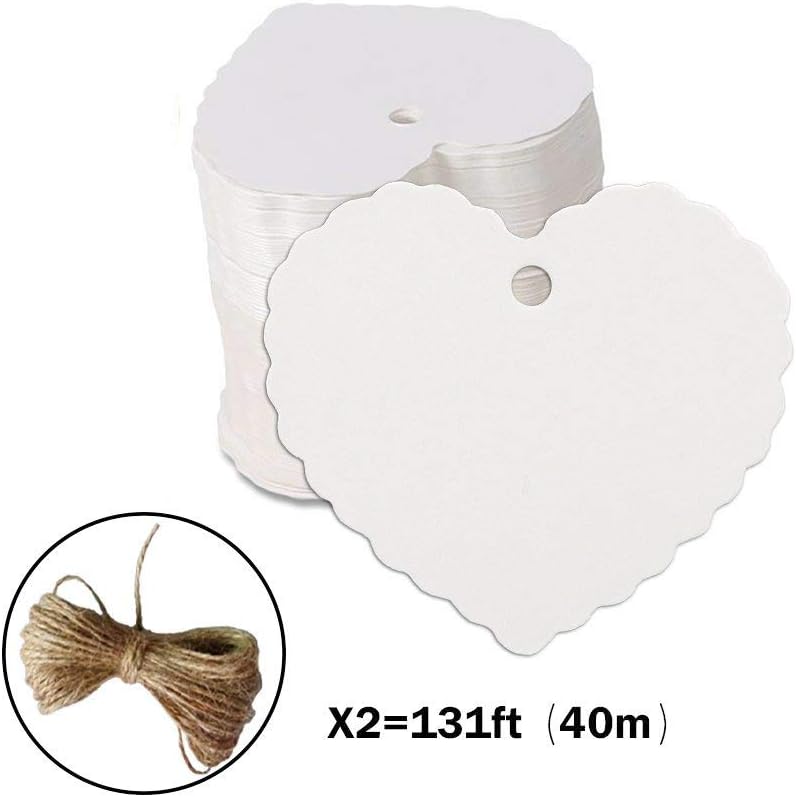 200pc Peach Heart Shape Kraft Paper Tags, CRIVERS Gift Tags/Hang Tags with Free Natural Jute Twine for Christmas Wedding Thanksgiving Birthday Holiday Party Favors (White)