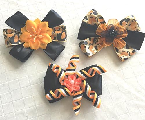 JJ Contour Pack of 3 Pairs of Halloween/Fall 3D Dog Hair Bows Collection- 2 inch Size Bow with French Clip