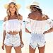 Toraway Blouses, Women Boho Sexy Lace Off Shoulder Crop Shirt Tops (Small) White