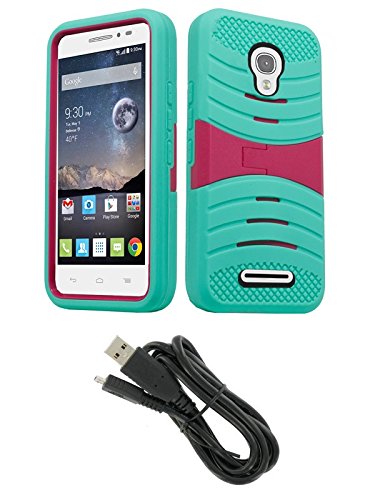 Alcatel OneTouch Pixi Charm LTE - Teal / Pink [Symbiosis Armor] Kickstand Case, Atom LED and Sync & Charge Micro USB Data Cable [3 ft.]
