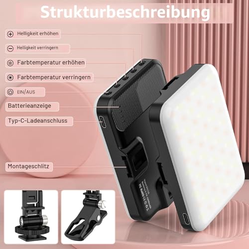 Selfie Light, 60 LED 2200 mAh Rechargeable Mobile Phone Fill Light, 7 Modes, 10 Levels Brightness, Portable Clip-On Light for Phone/Tablet/Laptop, Zoom Call Vlog Makeup TikTok Video Fill Light