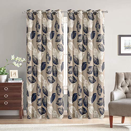 Vogol Fashionable Curtains 96 Inches Long Navy Leaves Grommet