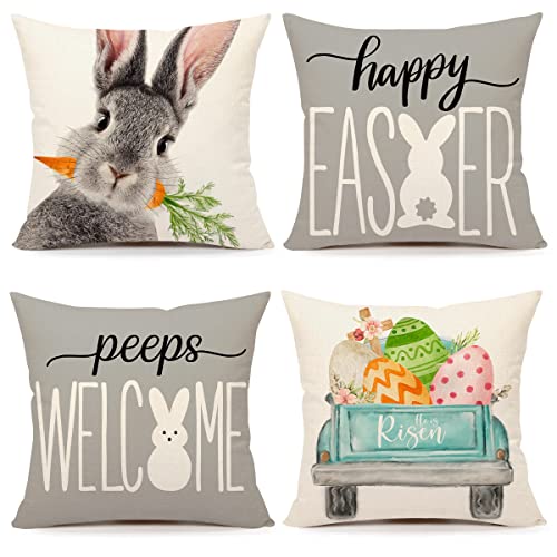 Easter Pillow Covers 20x20 Set of 4 Easter Decorations for Spring Farmhouse Pillows Easter Decorative Throw Pillows Welcome Peeps Gray Bunny Eggs Truck Throw Cushion Case for Home Decor TH164-20