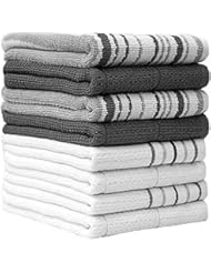 Premium Kitchen Towels (16â€x 28â€, 8 Pack) â€“ Large Cotton Kitchen Hand Towels â€“ Striped Design â€“ 420 GSM Highly Absorbent Tea Towels Set with Hanging Loop â€“ Grey