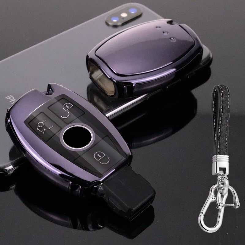 TPU Cover for Mercedes Benz Key Foby Fob，2-3 Buttons Smart Key Shell Case Compatible with Benz A/C/E/S/R/G/GLA/GLC/GLK/A209/W164/W245/W212/W204,with Leather Keychain - Black