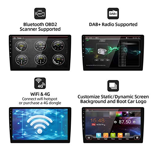 Android 9.0 Double Din Car Stereo Head Unit Radio Audio/ 10.1 inch Quad Core/ Support Sat Nav Bluetooth GPS DAB+ WIFI OBD2 4G Steering Wheel 1080P Video Mirror Link(NO DVD/CD)/ Free Backup Camera