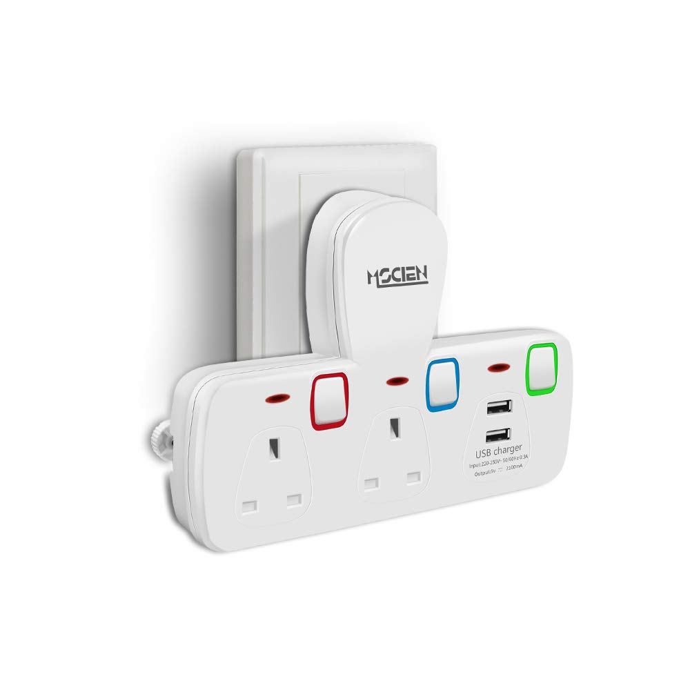 Double Plug Adapter UK with 2 USB, Double Plug Sockets Adaptor with Individual Switches, White 2 Way plug extension socket for Home, Office, Kitchen