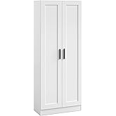 Panana Wooden Storage Cabinet, Narrow Pantry Cabinets Free Standing Tall Storage Cabinet with 2 Doors and Shelves (White)