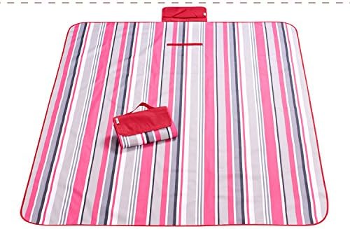 Foldable Large Picnic Mat Striped Handy Mat with Strap Mildew Resistant and Waterproof for Picnics, Beaches, RVing and Outings Hiking Grass Travelling 59 inch x79 inch … (red stripe)