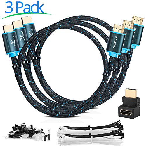 Maximm High-Speed HDMI 2.0 4K Nylon Braided Cable, 2 Feet, 3-Pack (Includes Cable Clips, Ties and Right Angle Adapter)