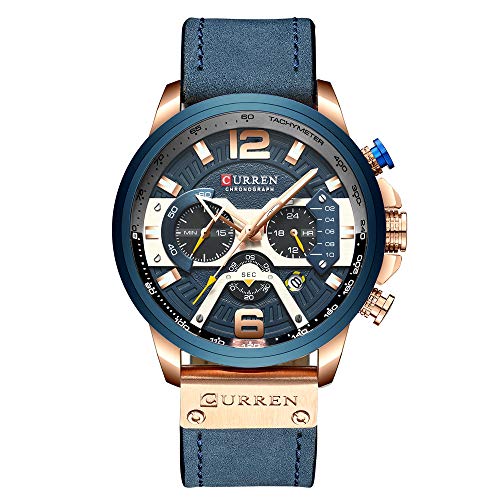 Reloj de pulsera casual deportivo para hombre, de piel, estilo militar, con cronógrafo, color azul