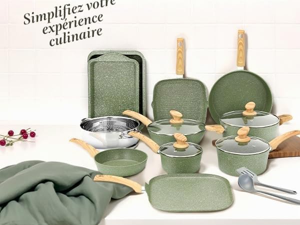 17 Pièces Poêles et Casseroles à Induction Vert