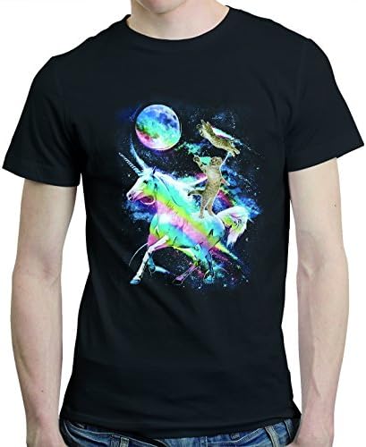 PETREL Kitty Cat Riding a Unicorn Cool Funny Graphic T-Shirt Black XXXL