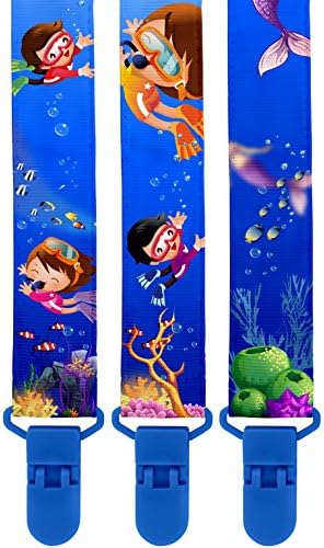 Premium Pacifier Clips by KiddosArt. Set Of 3, 2-Sided Of UNDERWATER Art, Stunningly Designed Pacifier Holder, Pacifier Leash, Baby Pacifier Clips for Girls and Boys. Baby Shower Gift