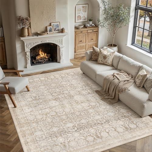 PureCozy 8x10 Beige Washable Neutral Area Rugs Living Room décor Floral Distressed Large Throw Rug Non Slip Stain Resistant Rugs Low Pile Soft Carpet Dining Room Bedroom Office Farmhouse Playroom