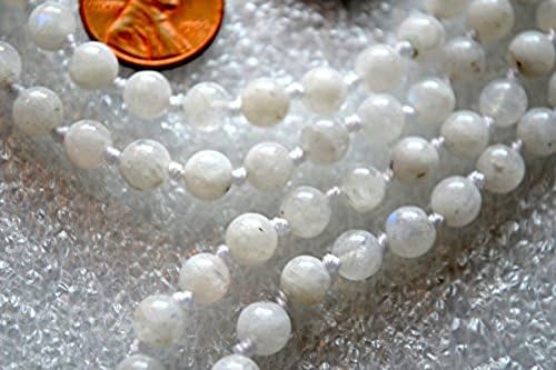 Moonstone 6 mm beads hand knotted chakra mala w/ black onyx guru bead -Energized 108+1 buddhist karma meditation rosary for nirvana chanting aum om awakening chakras kundalini - USA seller
