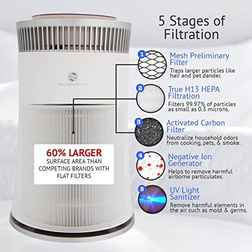 SilverOnyx Air Purifier with True HEPA Carbon Filter, UV Light, Ionizer. Best Home Air Cleaner for Allergies and Pets, Smoke, Dust, Mold, Smokers. Powerful Small to Large Room 500 sq ft. White - Thumbnail 2