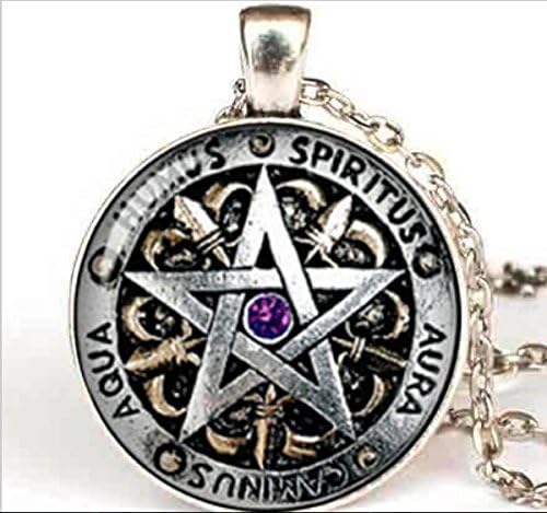 Wiccan Protection Necklace, black magick Pagan Pentagram pendant, Glass Dome Gift Women Men