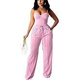 Bluewolfsea Women Sexy 2 Piece Outfits Jumpsuit Summer Sleeveless Cami Crop Top Wide Leg Long Pants Set