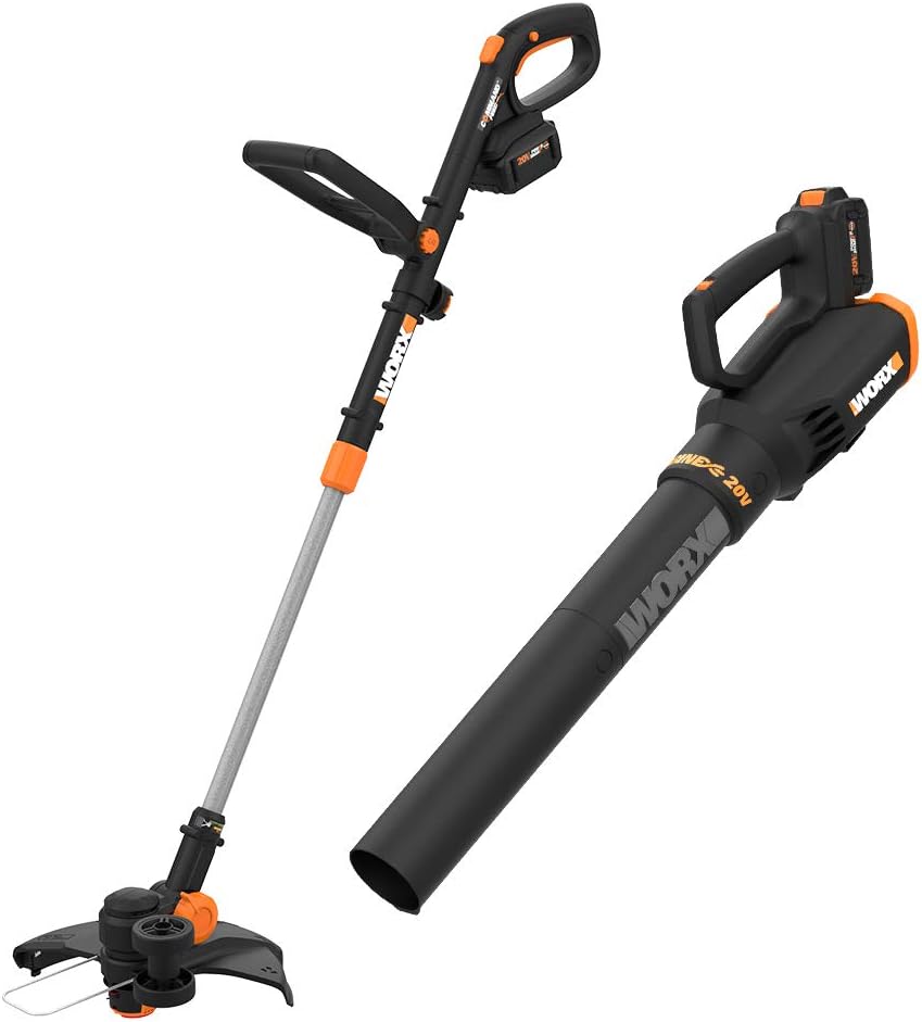 WORX WG930.1 WG930 20V 10" Cordless String Trimmer & Turbine, 2 hi-Capacity 4.0Ah Batteries and Charger Grass Trimmer/Blower Combo Kit, Black and Orange