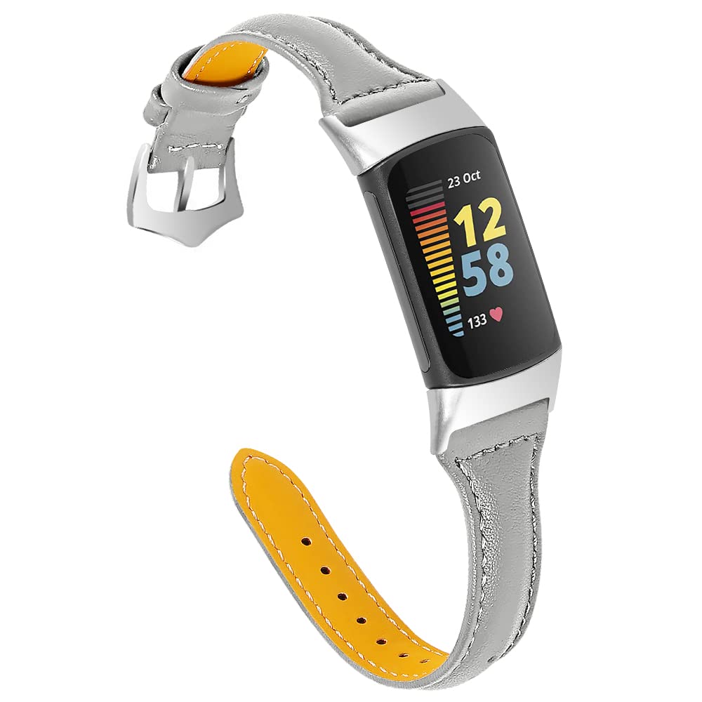 Gimuk Leather Strap Compatible with Fitbit Charge 5, Women Men Genuine Leather Sport Band Replacement Watch Strap Wristband Bracelet for Charge 5 Fitness Tracker (Grey)