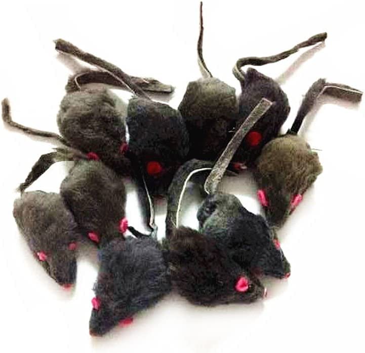 emours 12 Piece Pack Rattle Furry Mice Cat Toys for Cats Fur Mice Squeak Toys, Color Varies