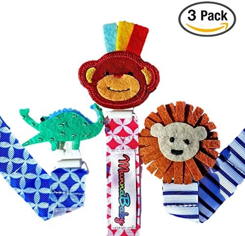 Premium Fun Character Pacifier Clip (3 pack) MunnaBaby for Boys &amp; Girls ● Pacifier Holder ● 2 Sided ● Extra Safe ● Rust Free ● Teething Toy ● Universal ● Strong Hold ● Baby Shower Gift
