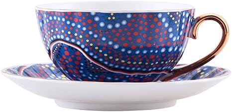 Amazon スタイリッシュな個性のコーヒーカップセット イラスト手描きスタイル ゴールデンコンフォートハンドル アフタヌーンティー優先 オレンジ ダークブルー ピンク ライトブルー カップ マグ ソーサー オンライン通販