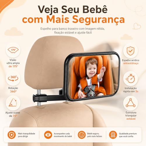 Altomex Espelho Retrovisor Traseiro para Carro, Preto, Ajustável, Monitoramento de Bebê na Cadeirinha, Visão Ampla, Retangular