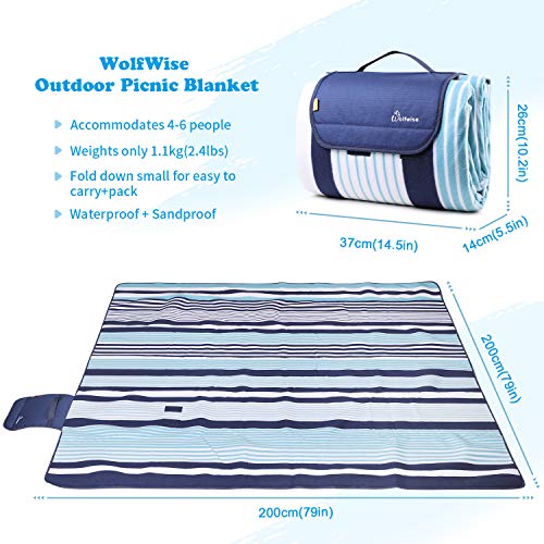 WolfWise Outdoor Warm Fleece Blanket 79"x79" XXL Picnic Blanket Extra Large with Waterproof Backing for Camping Festival Sporting Events (Blue/Navy)