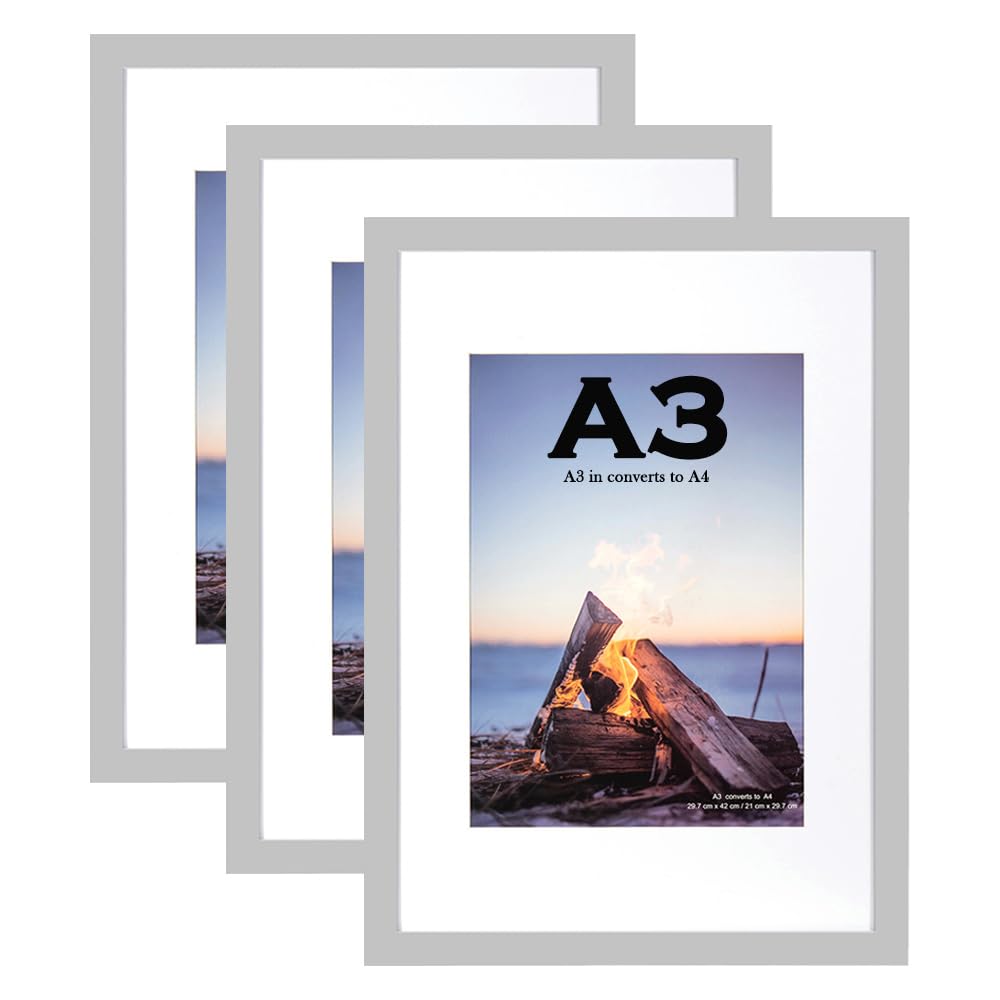 Scholar Tree Grey Wooden Picture Frame A3 with Mat,Set of 3, Mount for A4 Picture,Wall Mountable — image 1