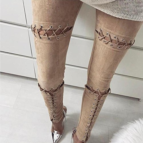 Leedford Ripped Holes Pants,Women Casual Ripped Holes Stretch Skinny Suede Bandage Jeggings Straight Fit Pants (S, Khaki) - Thumbnail 2