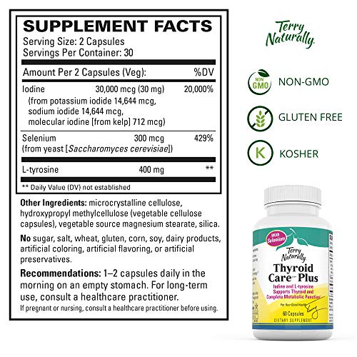 Terry Naturally Thyroid Care Plus Iodine L Tyrosine 60 Capsules Thyroid Support Supplement With Selenium Promotes Energy Metabolism Non Gmo Gluten Free Kosher 30 Servings Pricepulse