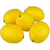 KABAKE Faux Yellow Lemons Artificial Fruits Fake Lemon Lifelike Simulation for Lemonade Party Kitchen Table Decorations Garland Photography Props, 5 Pack