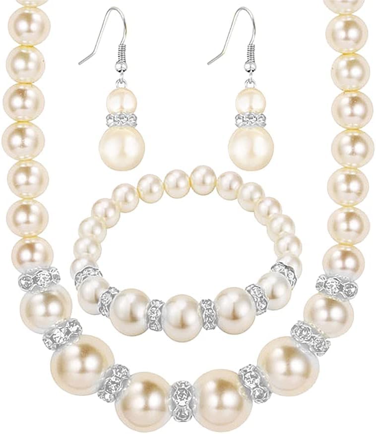 TOFBS Pearl Necklace Earrings Bracelet Jewellery Set Pearl Jewellery Set for Women Girls Bridal Weddings Party Birthday Anniversary Christmas Mothers Day Valentine's Day Gifts (Set 2)