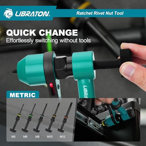 LIBRATON Riveter for Threaded Inserts, Hand Riveter Threaded Inserts, Ratchet Threaded Riveter, Pliers Threaded Riveter with 5 Metric Spindles, 5 Nozzles, 50 Rivets Nuts, Box