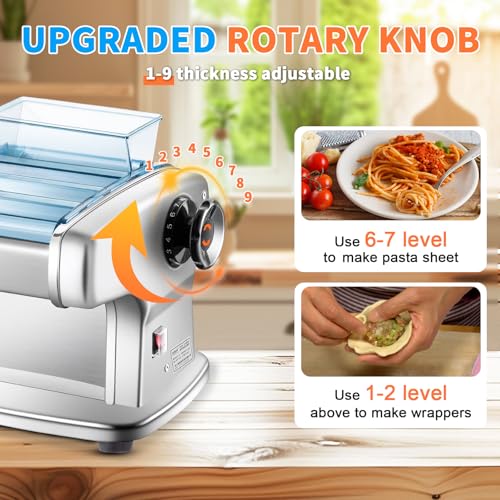 DOMINFLY Electric Pasta Maker, Automatic Noodle Machine Fresh Pasta Dough Roller Stainless Steel, 9 Thickness Settings, Perfect for Spaghetti,Fettuccini,Lasagna (Four knives)