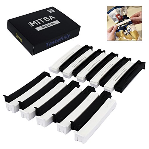 Bag Clips By MiTBA – 4in Snack and Chip Clips with Strong Grip that will Keep Your Food Fresh! These Easy to Use Bag Sealers will put an end to Wasting! Black & White, Set of 20 Units. Seal The Deal!