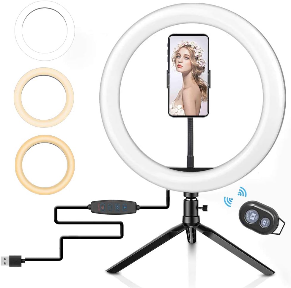 10.2" Ring Light with Tripod Stand & Cell Phone Holder for YouTube TIK TOK Photography Makeup, LED Ring Light with 3-Color Modes 10 Levels of Brightness Compatible with iPhone Android