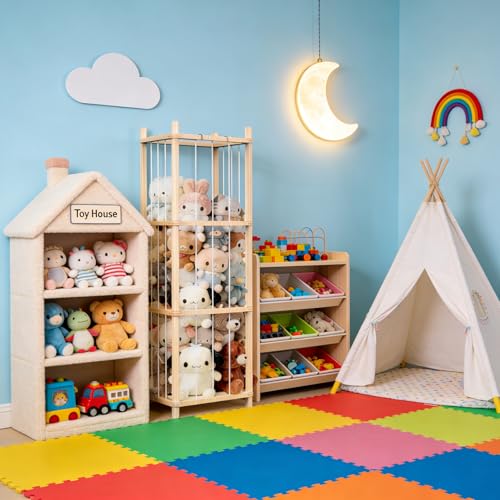 Stuffed Animal Organizer with Elastic Band, Zoo Plush Toy Storage Holder for Nursery, Toddler Room, Playroom, Bedroom, Wooden 40 * 40 * 136Cm
