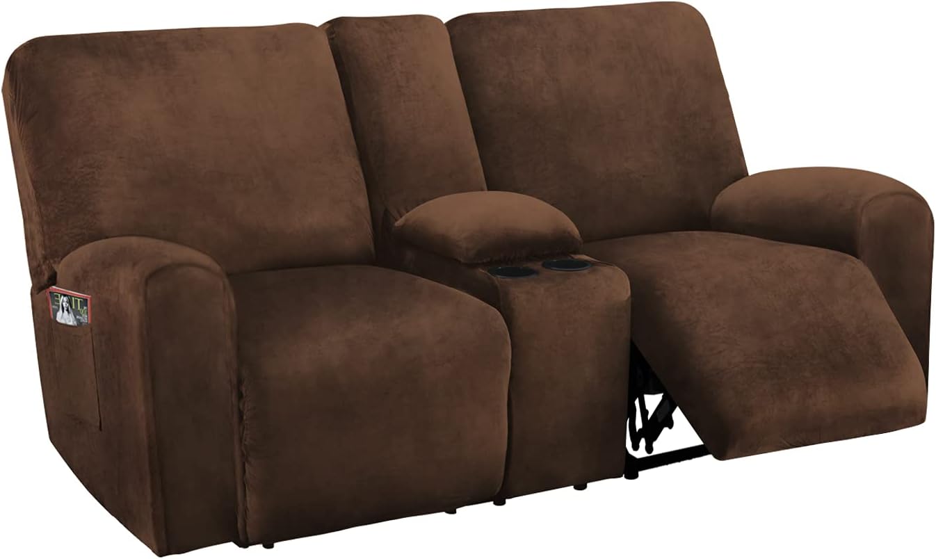 Slipcovers - ULTICOR Reclining Love Seat with Middle Console Slipcover, 8-Piece Velvet Stretch 2 seat Loveseat Recliner Cover, Thick Soft, Washable (Chocolate)