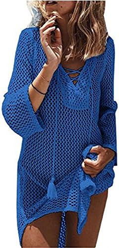 ElfZ Women's Bathing Suit Cover-ups Swimwear Crochet Tunic Bikini Cover Up Beach Swimsuit Dress (Blue)