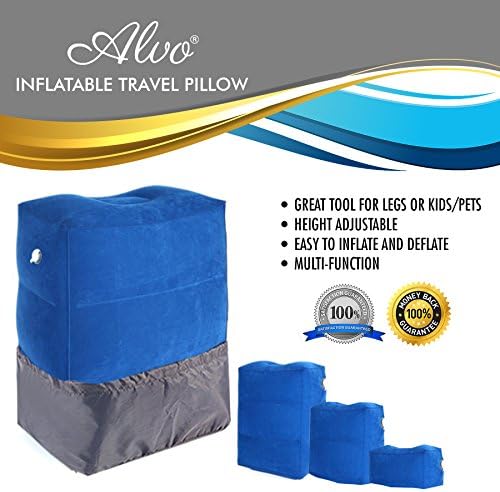 Inflatable Foot Rest Travel Pillow By ALVO Comfy Adjustable InflatingBed For Kids Pets, Air Leak Prevention,Easy To Inflate Design, Perfect For Airplane Travel ,Office,Camping Bonus Travel Pouch(Blue)