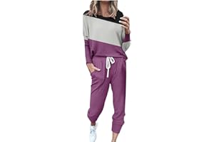 hmbudp Two Piece Fall Outfits for Women 2024 Long Sleeve Striped/Color Block Tops and Pants Lounge Sets Tracksuit with Pocket