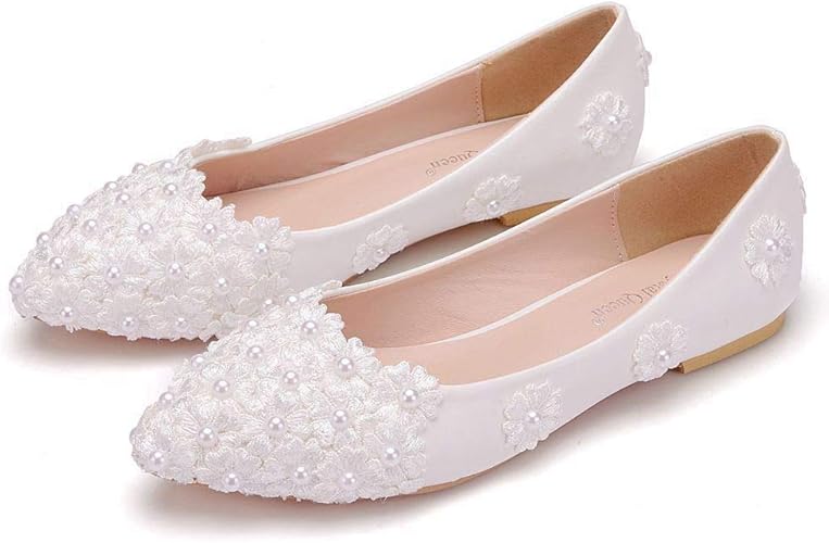 Amazon Crystalqueen クリスタルクイーン フラットパンプス レディース ローヒール ポインテッドトゥ ペタンコ レース 花 白 結婚式 パーティー 二次会 ワンピース ドレス 可愛い オシャレ 歩きやすい 少さいサイズ 大きいサイズ 24 ホワイト 24 0 Cm パンプス