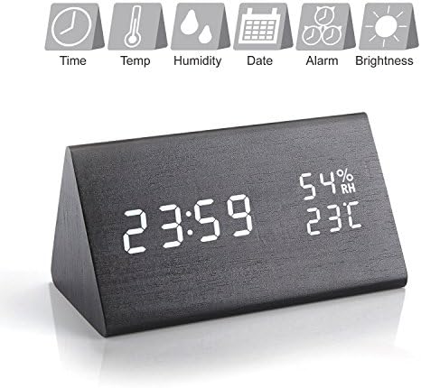 Yaya Tech Triangle Wooden LED Alarm Clock, Voice Control Wood USB Digital Alarm Desk Clock for Home Office with Time Date Temperature Display - 3 Level Adjustable Brightness Bedside Touch Clock